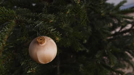 hanging gold christmas bubble on green tree