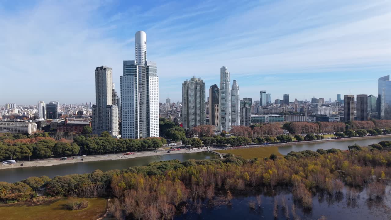 Aerial Panoramic of Puerto Madero Skyline and Costanera Sur Reserve Buenos Aires