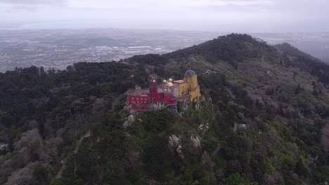 Pena-Palace-Portugal-in-Sintra-during-day-time,-aerial