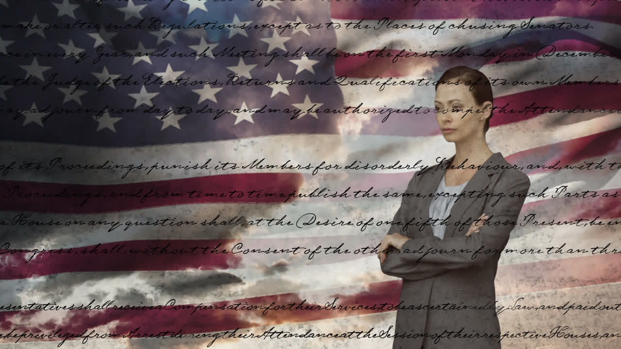 Business woman  and written constitution of the United States with flag and the sky