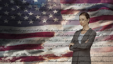 business woman  and written constitution of the united states with flag and the sky