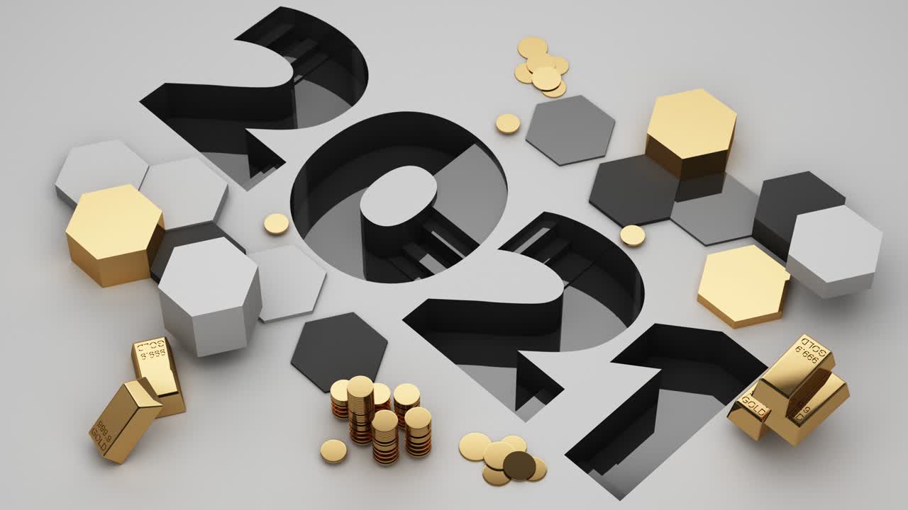 2021 surrounded by gold bars and gold coins in the concept of saving money on a gray background 3d rendering animation loop 4k
