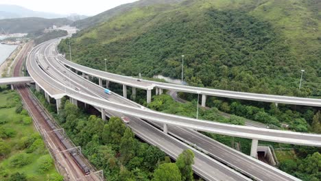 traffic on a rural highway interchange in hong kong, aerial view