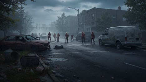 A Haunting Scene in a Forgotten City: Eerie Figures Stroll Through the Abandoned Streets Under a Gloomy Sky, Creating an Atmosphere of Suspense and Uncertainty