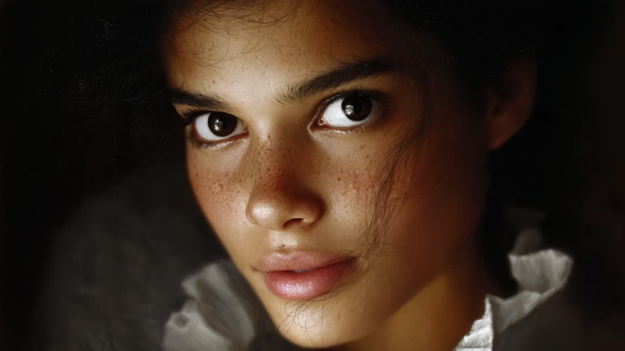 Captivating Portrait Series Highlighting the Expressive Eyes and Unique Beauty of a Young Woman with Distinct Freckles and Soft Lighting in the Frame