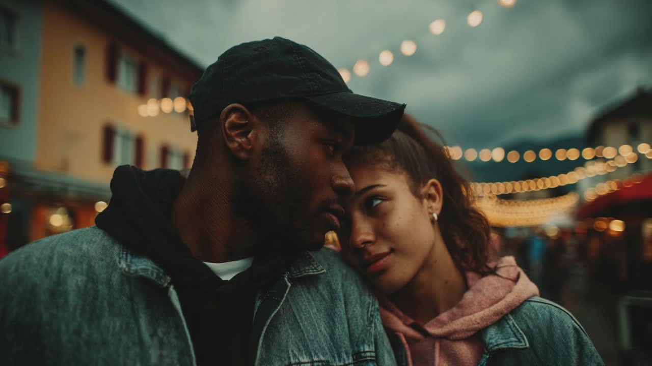 A Romantic Connection Under Twinkling Lights: A Deep Bond Between Two Individuals Captured in a Moment of Intimacy and Warmth Amidst a Charming Evening Atmosphere