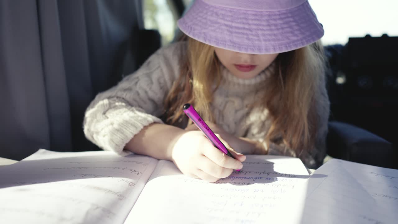 금발 소녀 가 학교 과제 에서 카라반 에 있는 책상 에서 일 하고 있다