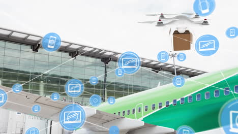 animación de una red de iconos digitales contra un dron que lleva una caja de entrega en un aeropuerto