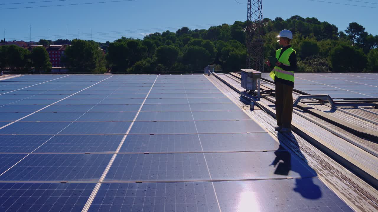 Engineer Inspecting Solar Panels on Roof