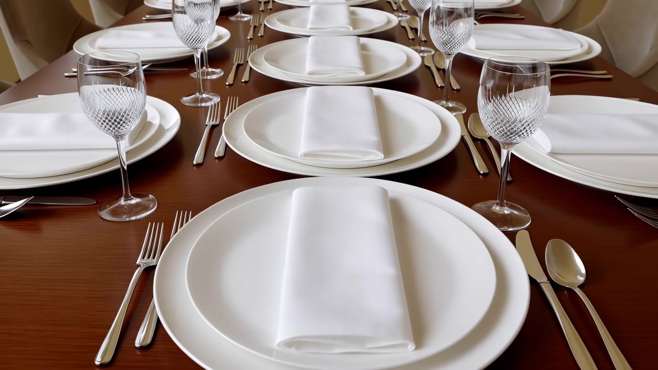 Elegant Formal Table Setting White Plates, Folded Linen Napkins, Crystal Wine Glasses, Polished Flatware