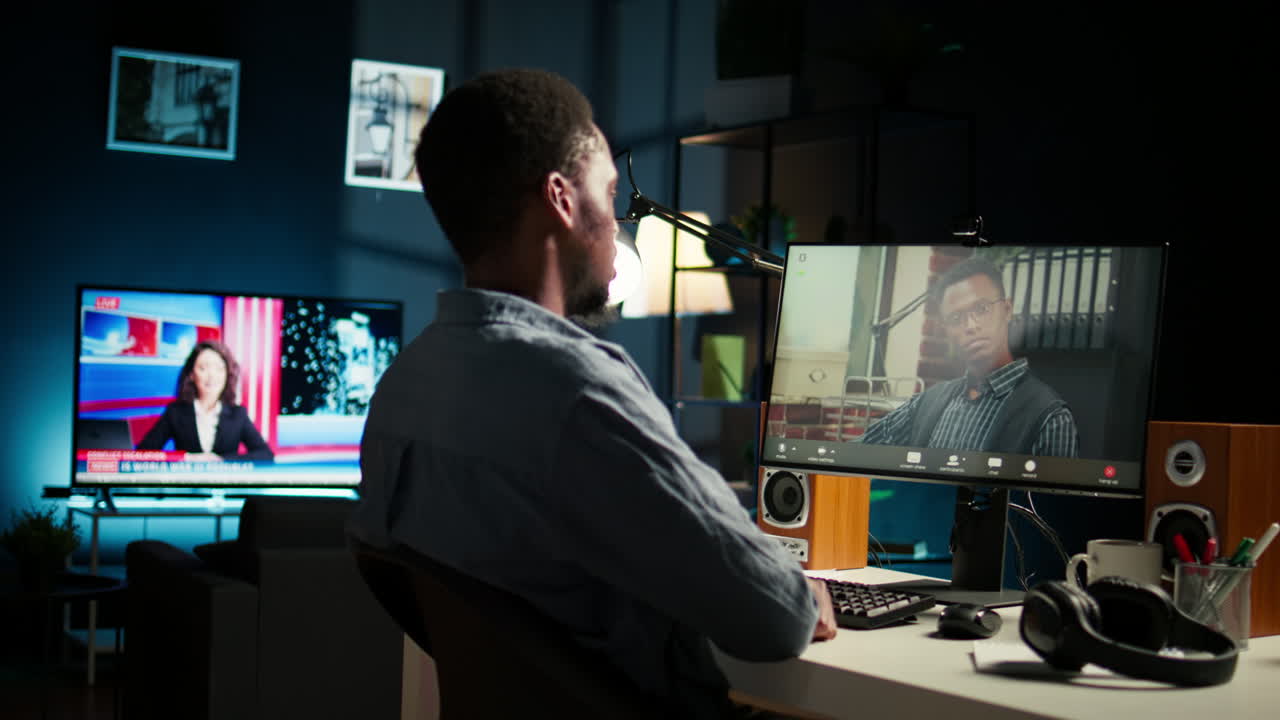 trabajador negro remoto se reúne con su líder de equipo a través de una llamada de videoconferencia