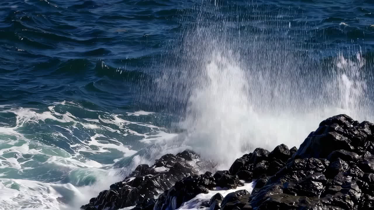 강력한 파도가 바위가 있는 해안에 부히고