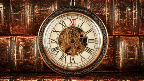 Vintage-antique-pocket-watch-against-the-background-of-old-books