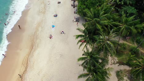 tourists relaxing and swimming in the foamy sea on the tropical island with white sand beach and palms