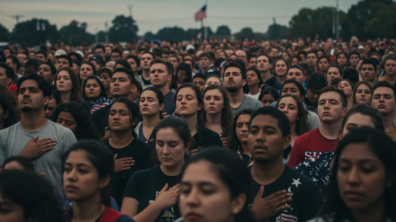 A large gathering of individuals displaying unity and solemnity, standing together in a moment of reflection, with a focus on emotional expressions and engagement within the crowd