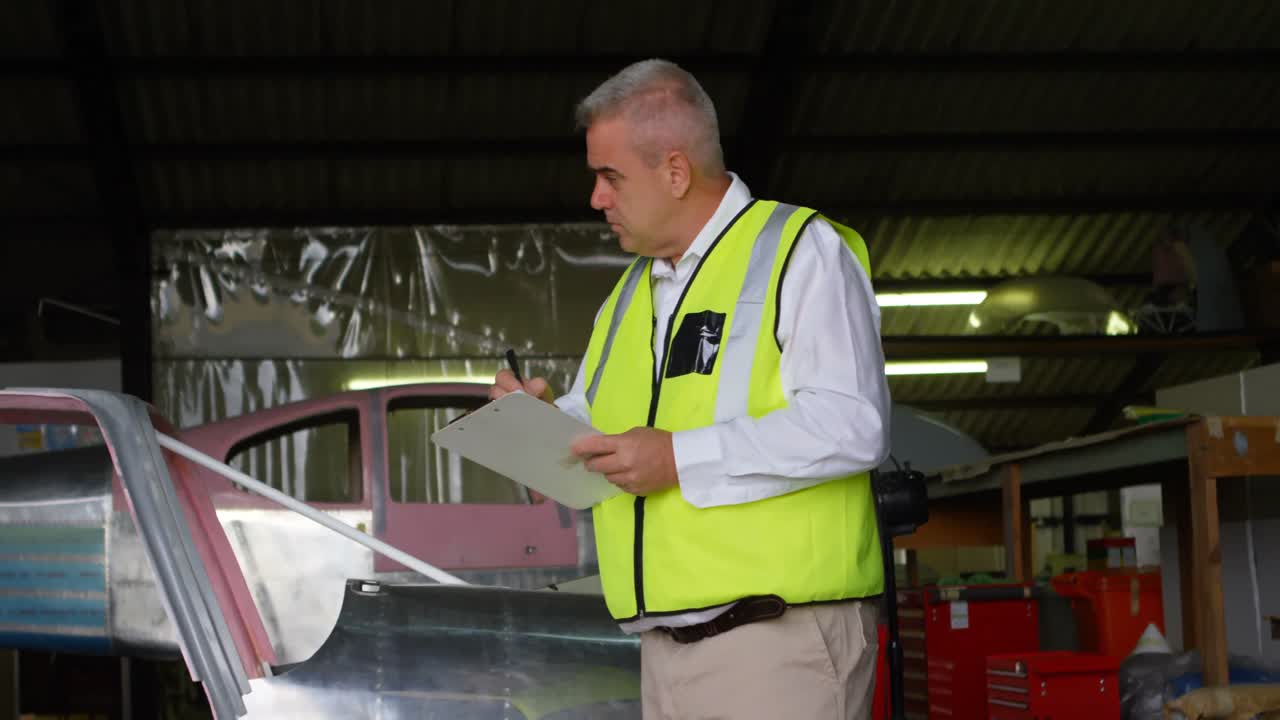 ingeniero masculino escribiendo en el clipboard en el hangar 4k