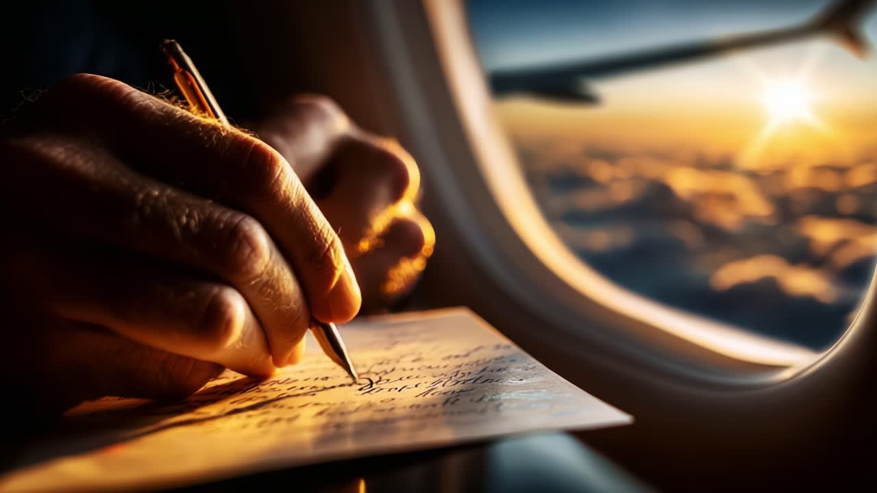 Tanker fanget i 9.000 meters højde: En rejse gennem tiden, mens solen går ned over skyerne med en hånd, der skriver et brev ved flyvinduet