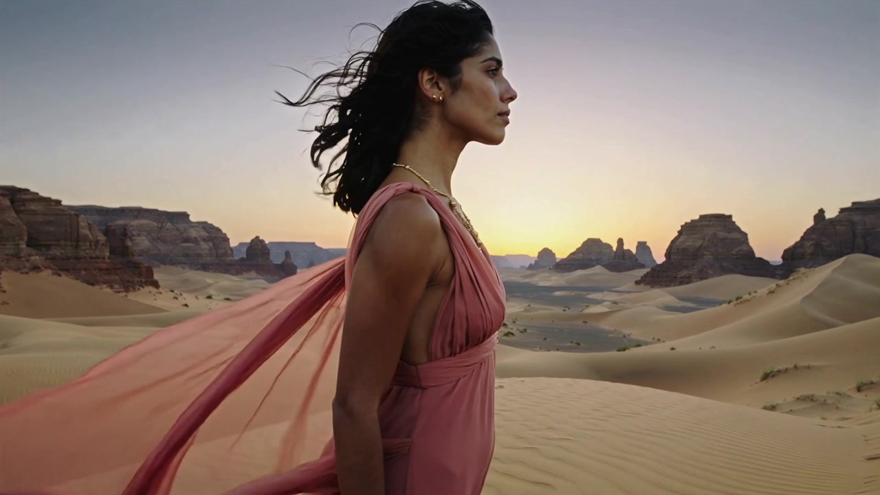 Donna in abito rosa che cammina e sale su una duna di sabbia, in posa per un servizio fotografico mentre la brezza le solleva la sciarpa.