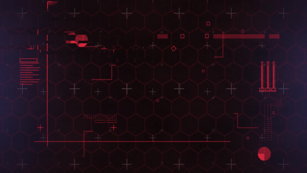 Animation of network of red hexagons and light trails with data processing on black background