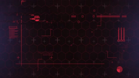 animation of network of red hexagons and light trails with data processing on black background