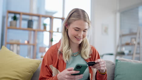 woman, credit card and phone for online shopping