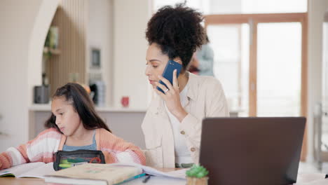 homework, phone call and child with mother