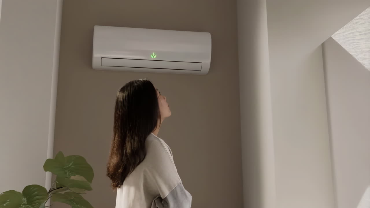 Donna che guarda in alto un moderno climatizzatore.