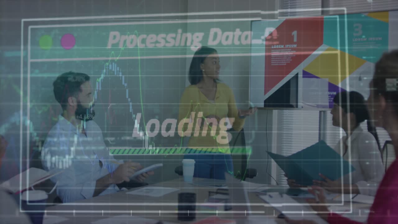 사무실에서 회의를 가진 다양한 사업가들에 대한 금융 데이터 처리의 애니메이션