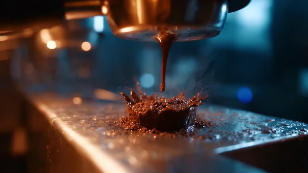 Captivating Slow-Motion Extraction of Rich Espresso Shot with Beautiful Chocolate Flow and Splashes, Highlighting the Art of Coffee Brewing
