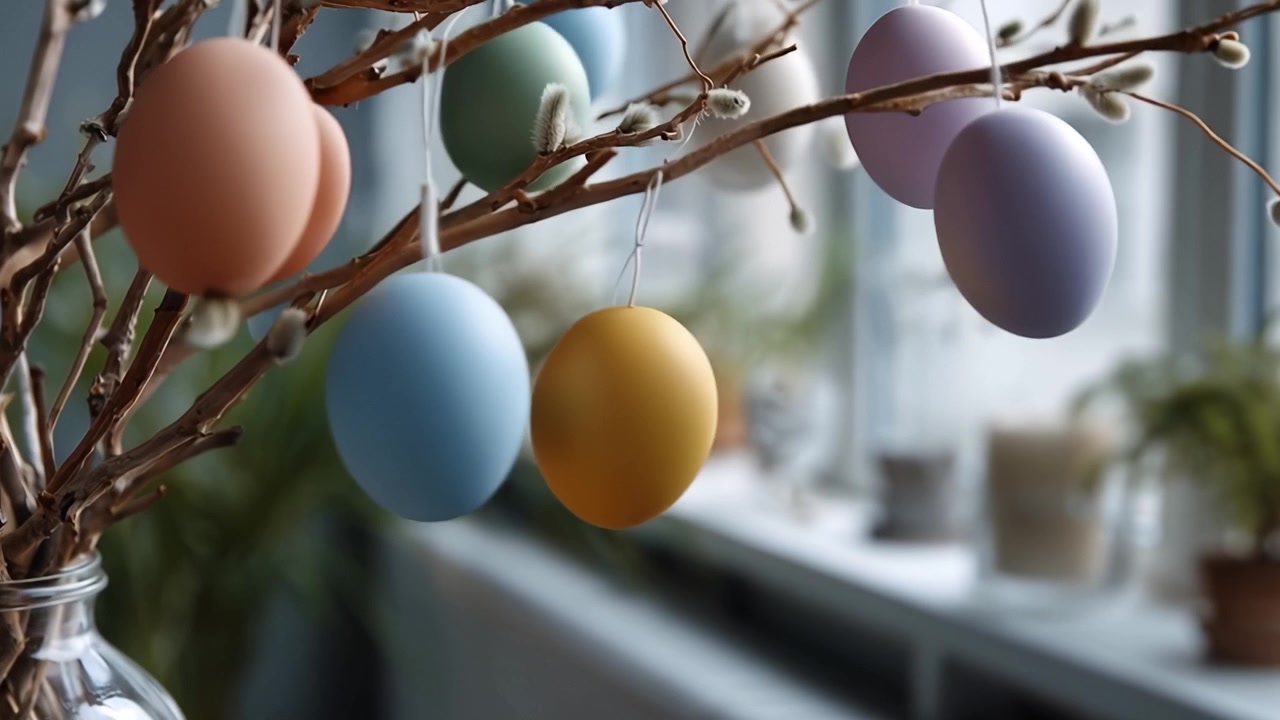 Pastellfarbene Ostereier hängen an Weidenkätzchenzweigen