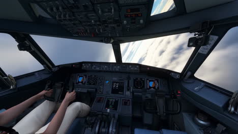 inside a flight simulator cockpit above the clouds