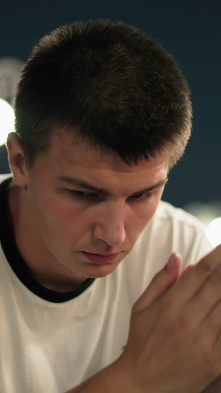 artista en polo blanco sentado al aire libre por la noche, cubriendo su cara con las manos y luego frotándolas pensativamente, las lámparas de la calle brillan en el fondo
