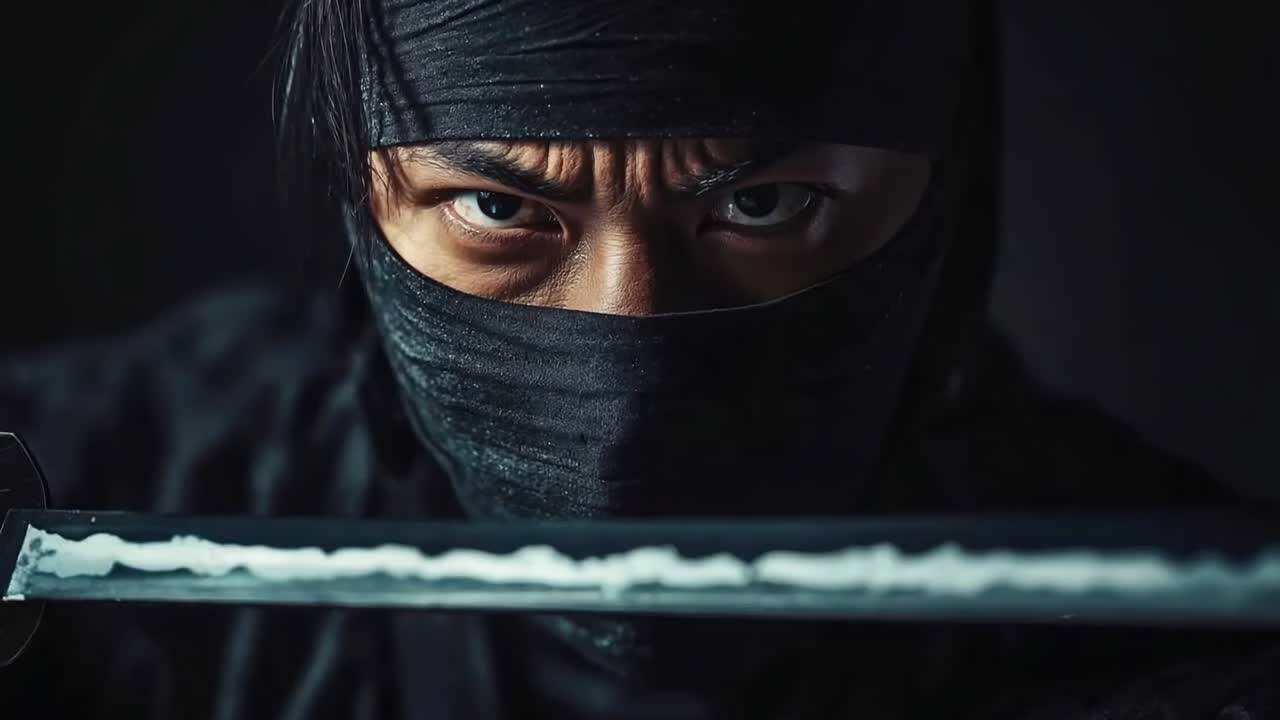 un hombre con un traje de ninja negro sosteniendo una espada