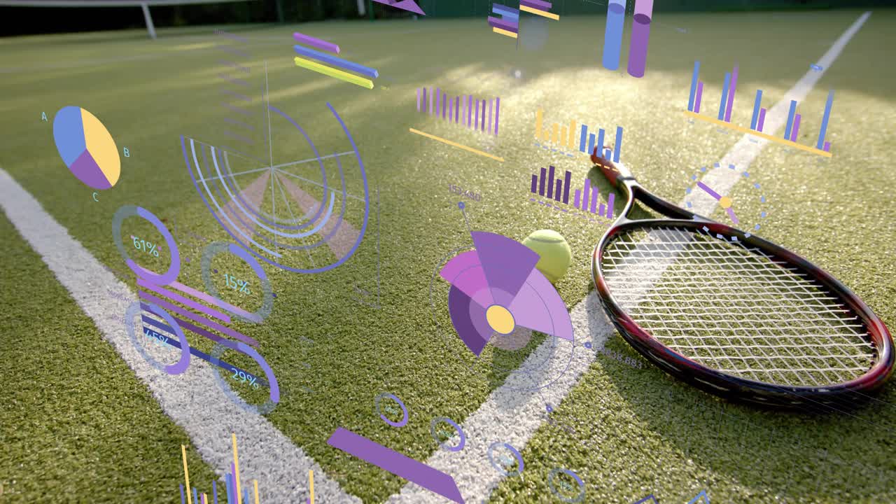Data graphics appearing upper-left moving toward racket and ball, visualizing match stats