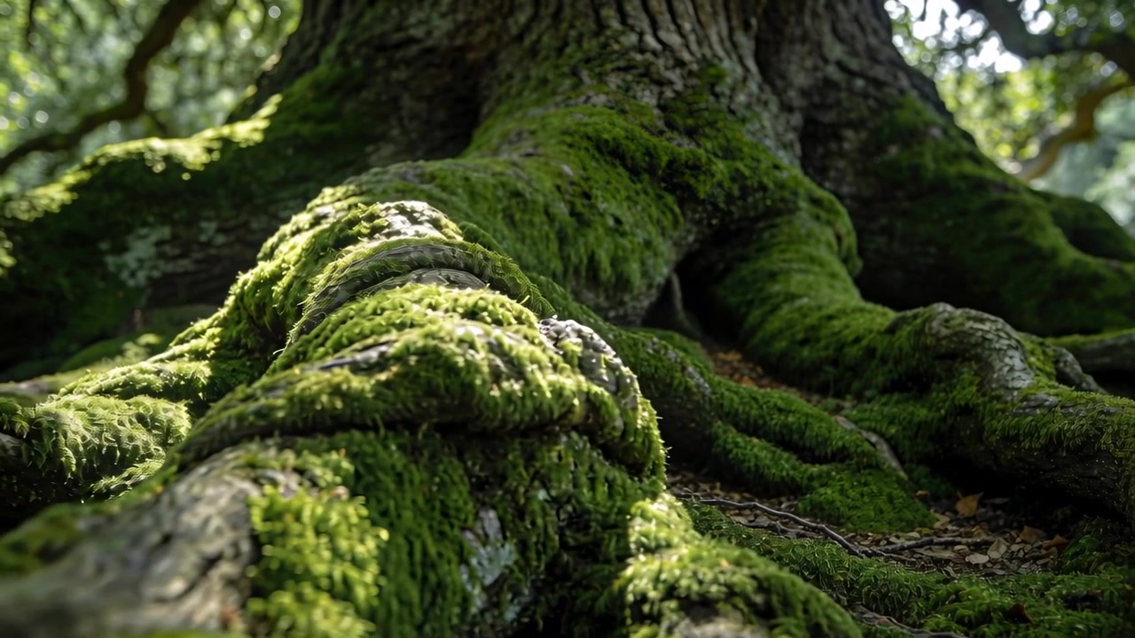 Telecamera che inizia una lenta avanzata seguendo le radici degli alberi coperte di muschio alla base della foresta, rivelando dettagli di licheni