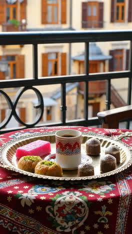 turkish coffee and traditional sweets on a balcony