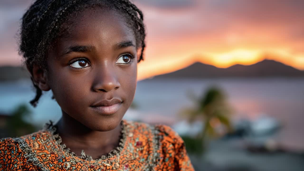 A Young Girl Illuminated by the Warm Glow of Sunset, Displaying Contemplative Expressions Amid a Scenic Coastal Background
