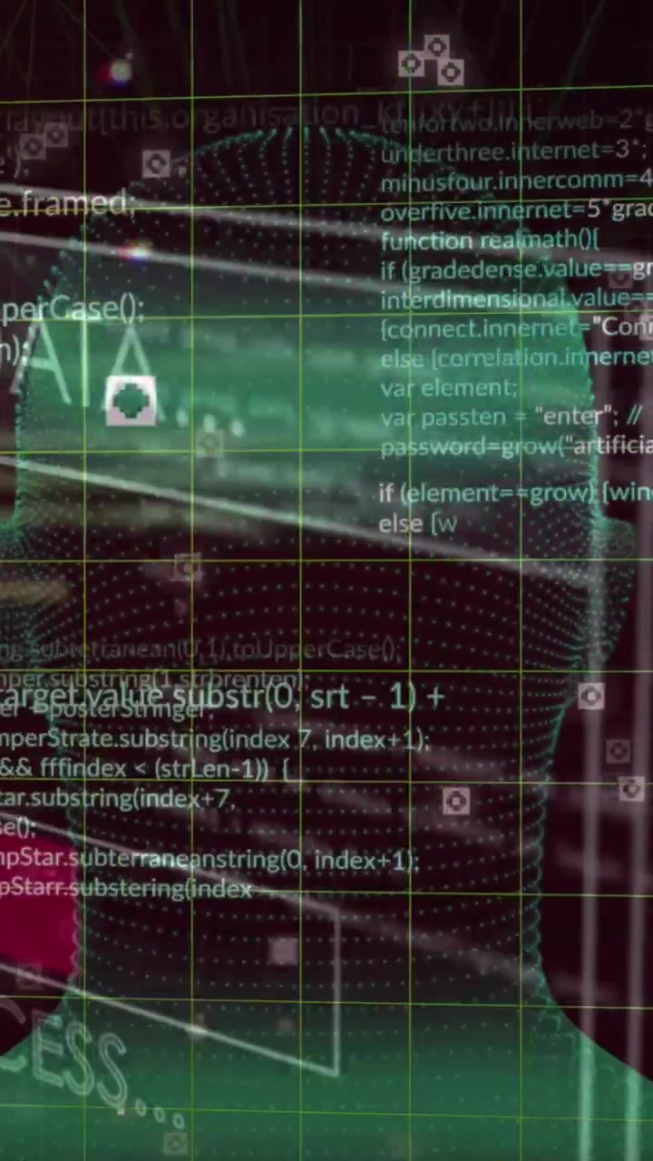 Animazione di interfaccia con elaborazione dati su modello di testa umana rotante su sfondo rosa