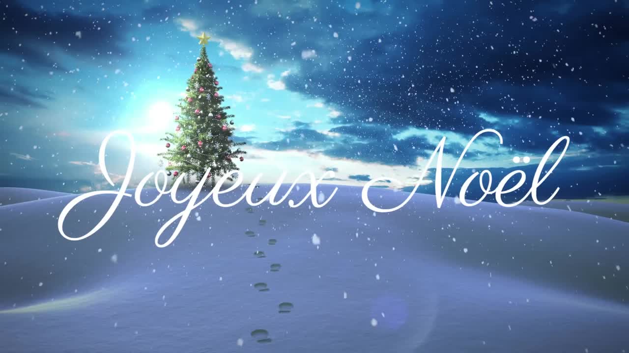 Animation du texte Joyeux Noël sur un sapin de Noël et de la neige qui tombe sur un paysage hivernal