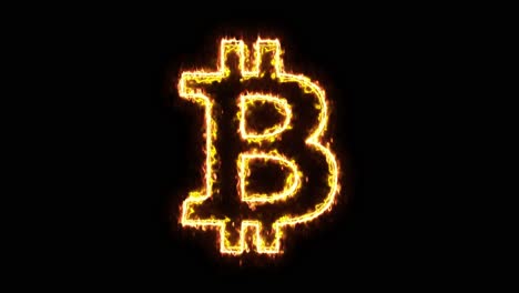 animación de doble contorno del símbolo de bitcoin con un efecto de sable láser que simula una llama ardiente
