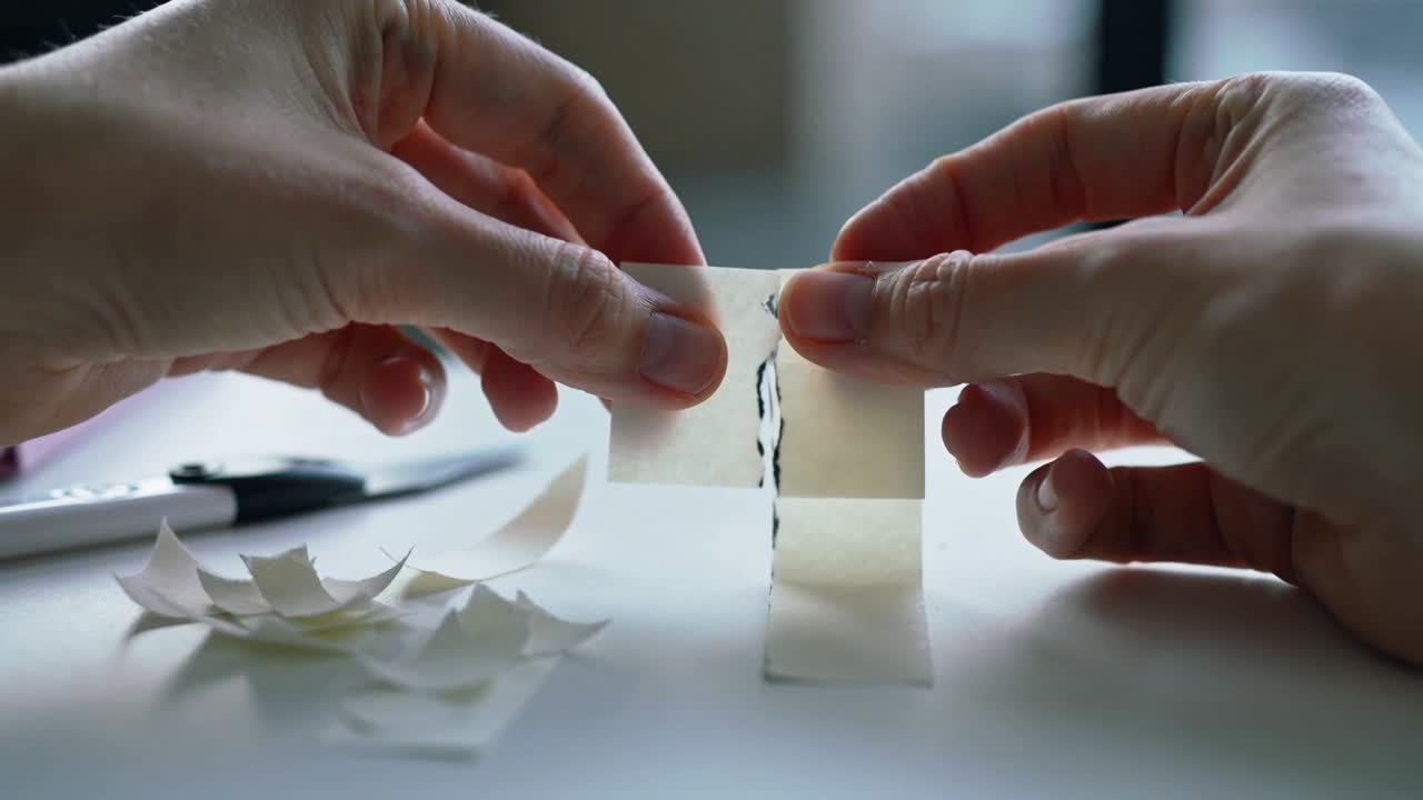 Peeling scraps leading hands with lavender cuff joining torn strips on table by window testing seam