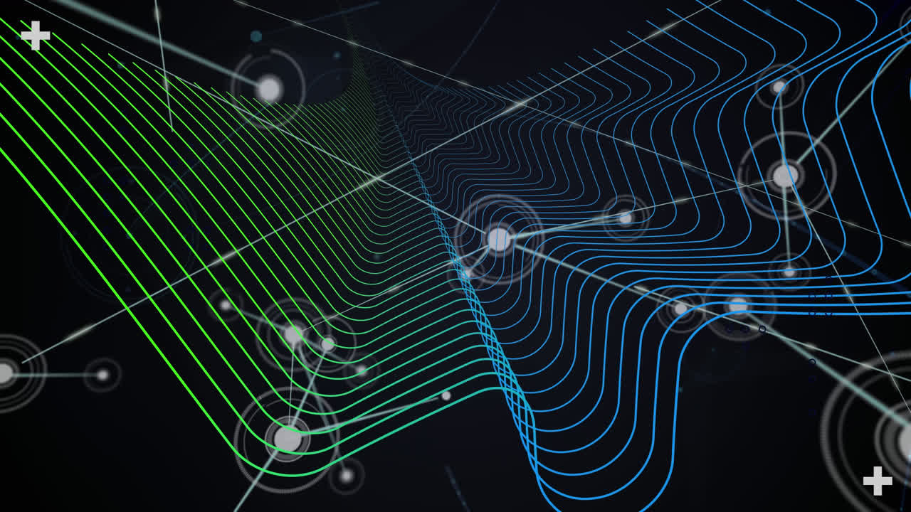 Animation of dots connected with lines over wave patterns against black background