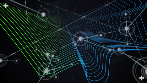 animation of dots connected with lines over wave patterns against black background