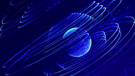 las partículas azules brillantes forman líneas, superficies, estructuras redondas complejas en movimiento suave como en el micro-mundo o el espacio.
