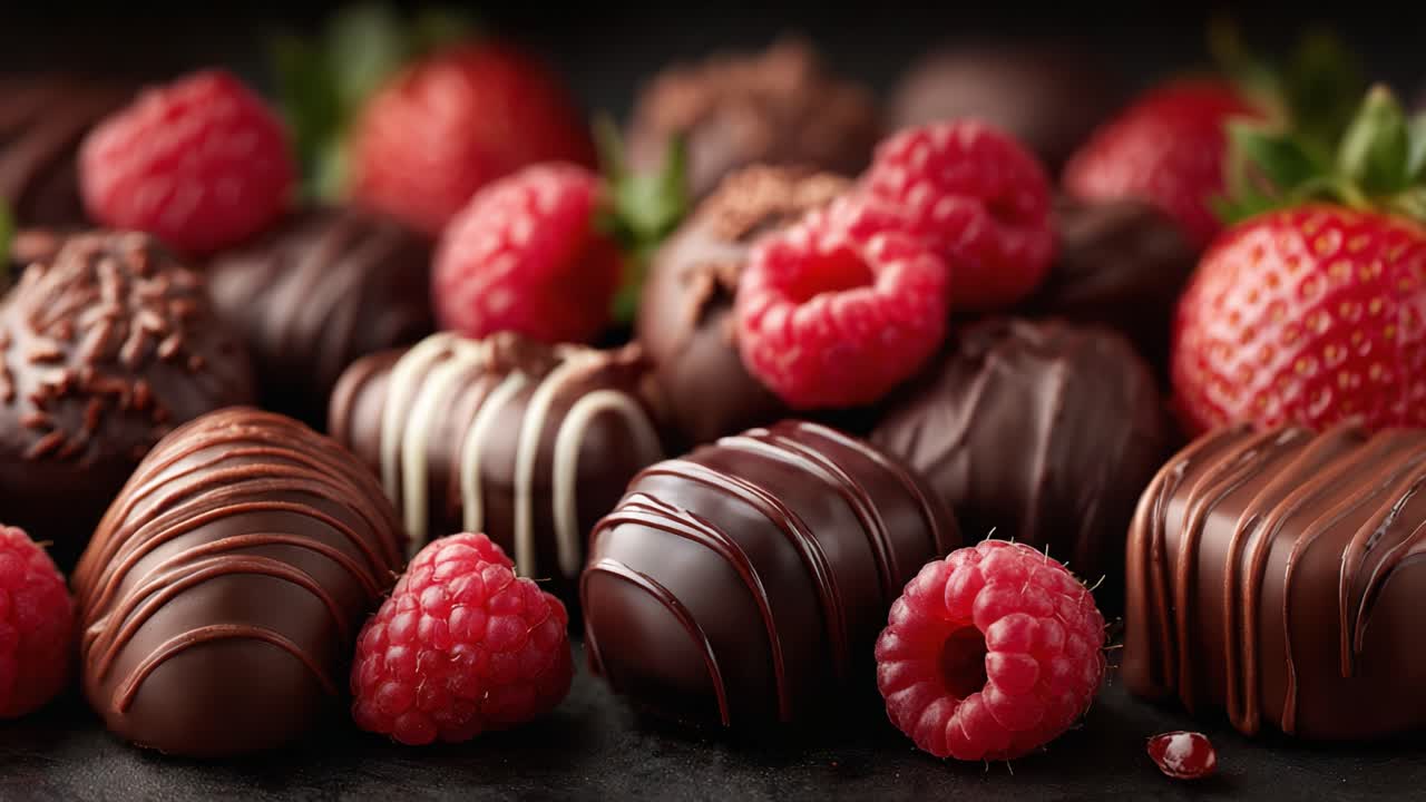 A Decadent Array of Chocolate-Covered Strawberries and Juicy Raspberries Perfectly Displayed on a Dark Background for Indulgent Treats and Desserts