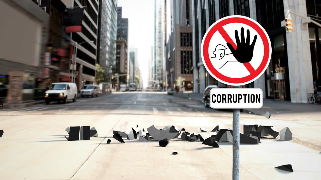 Animation of city and broken dollar over warning sign with corruption text