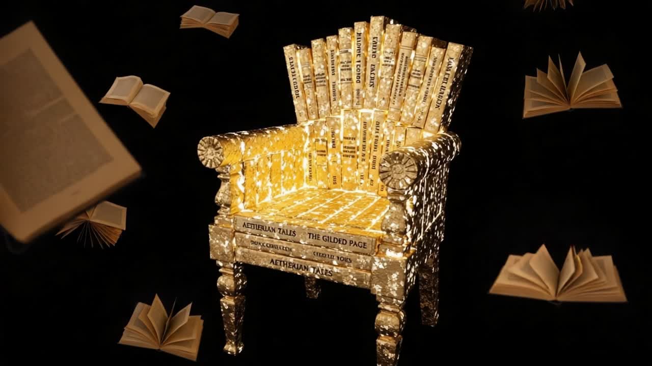 A Captivating Artistic Chair Decorated with Books, Illuminating Storytelling and Creativity, Surrounded by Floating Open Books in a Dreamlike Setting