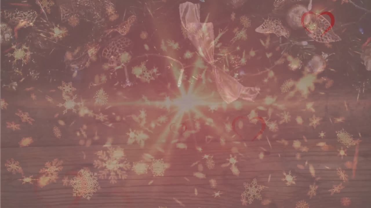 불꽃놀이 위에서 날아다니는 눈송이와 심장의 애니메이션