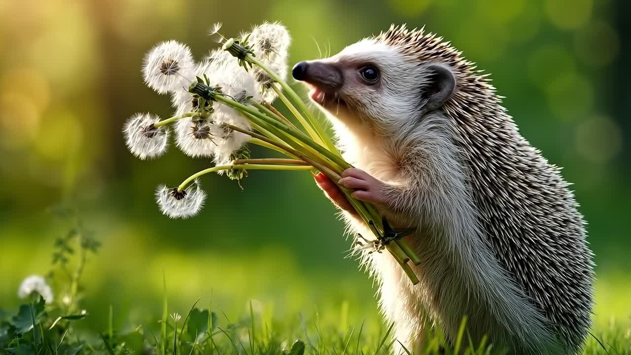 ハリネズミがタンポポを口にくわえて草むらにいる