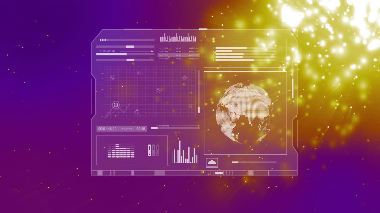 Animation of globe and digital data processing over glowing spots on dark background